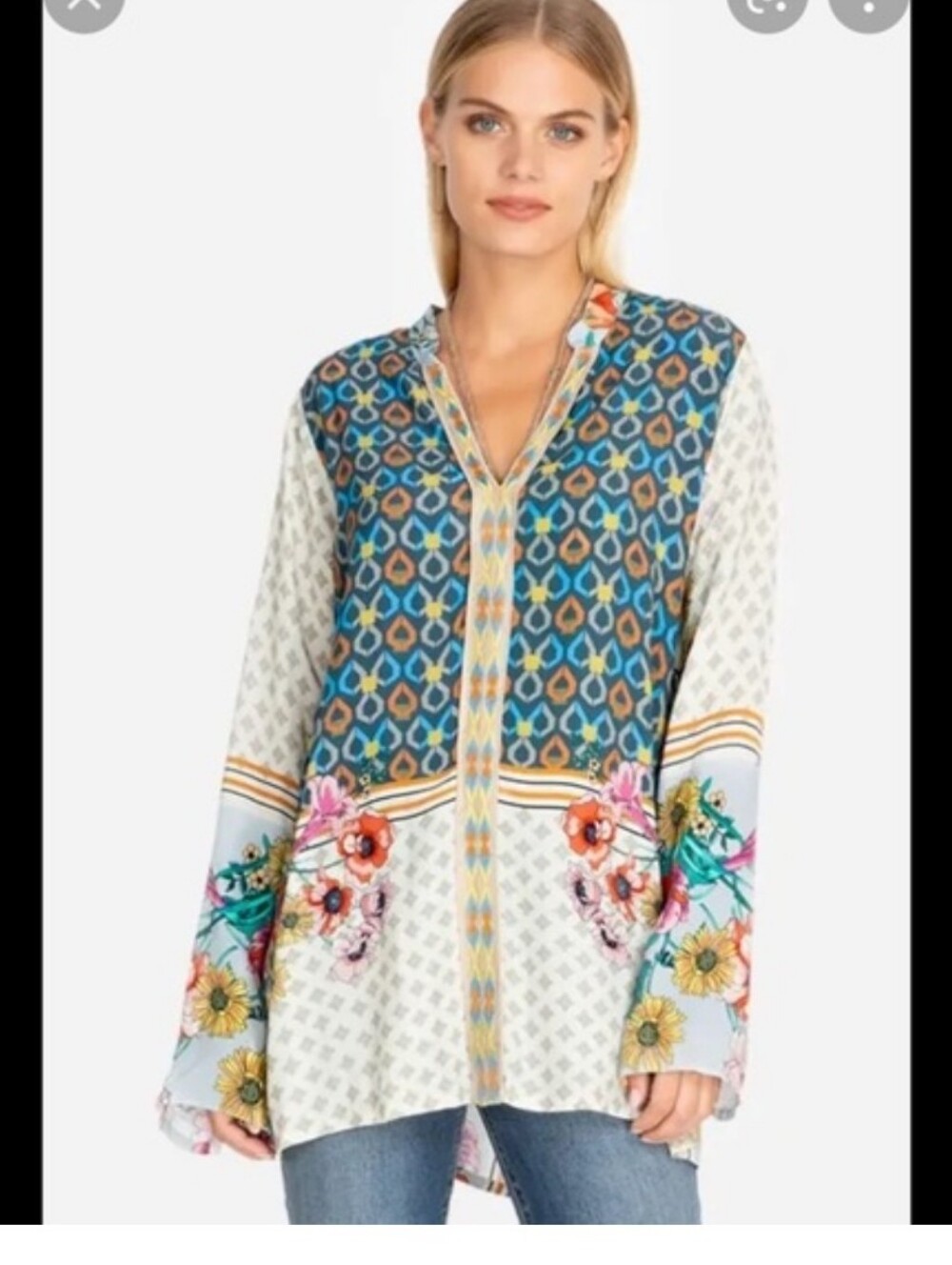 Johnny Was Becca Multicolor Floral & Geometric V-Neck Tunic